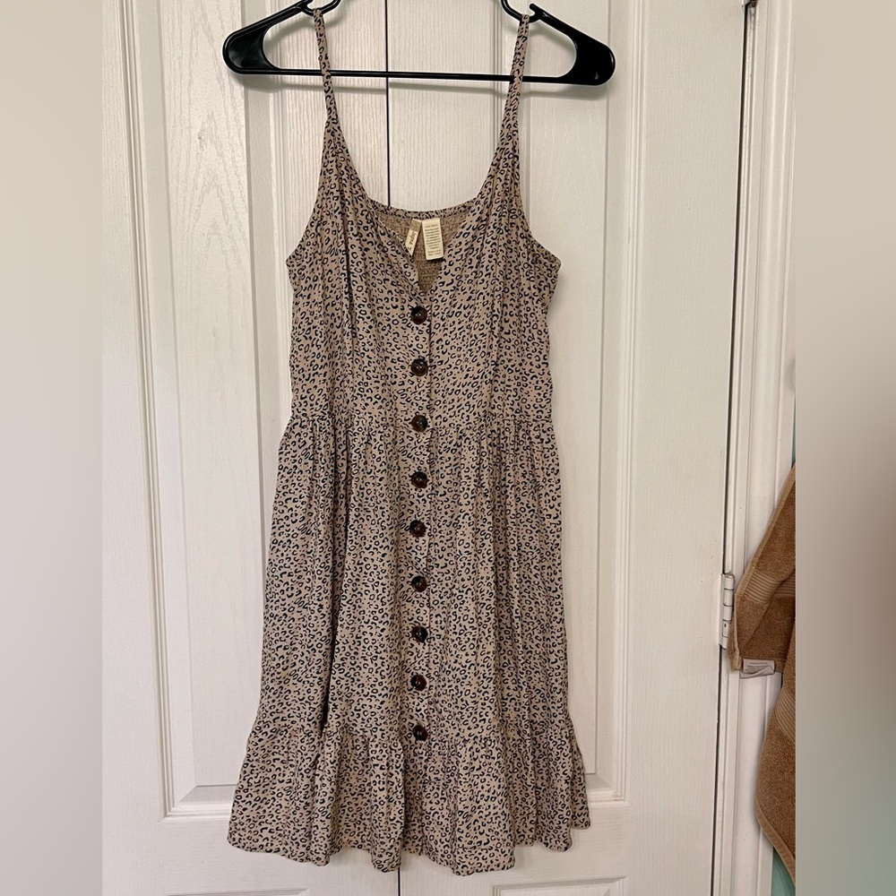 Japna Beige & black Boho Leopard-Print Button-Front Dress 90s Grunge Boho sz M